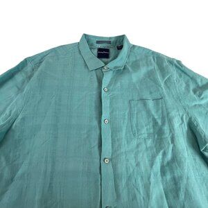 Tommy Bahama Linen Button Shirt Mens 3XL Green Blue Short Sleeve